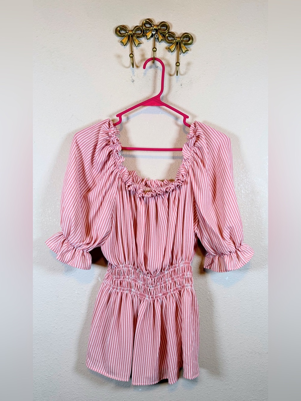 My Story Pink Striped Smocked Peasant Blouse with Balloon Short Sleeve. Size S